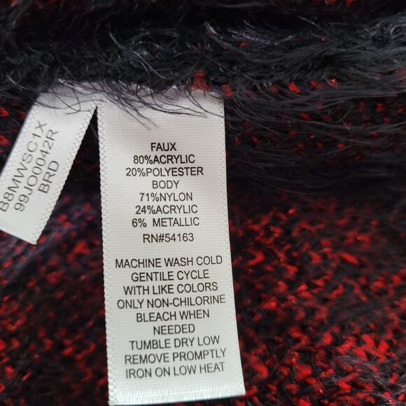 Black Rivet Womens Red Black Faux Fur Trim Long Sleeve Cardigan Sweater Size L - Picture 8 of 9
